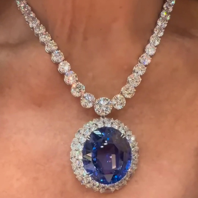 45ct Oval Cut Blue Sapphire Double Halo Handmade Necklace