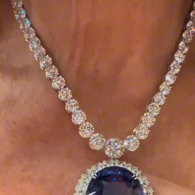 45ct Oval Cut Blue Sapphire Double Halo Handmade Necklace