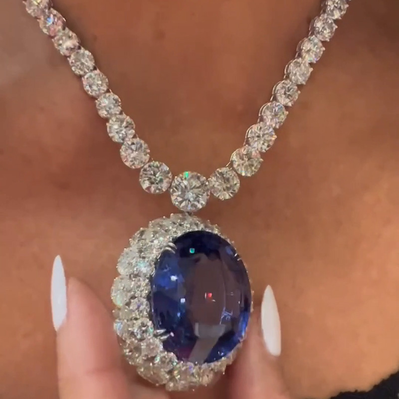 45ct Oval Cut Blue Sapphire Double Halo Handmade Necklace