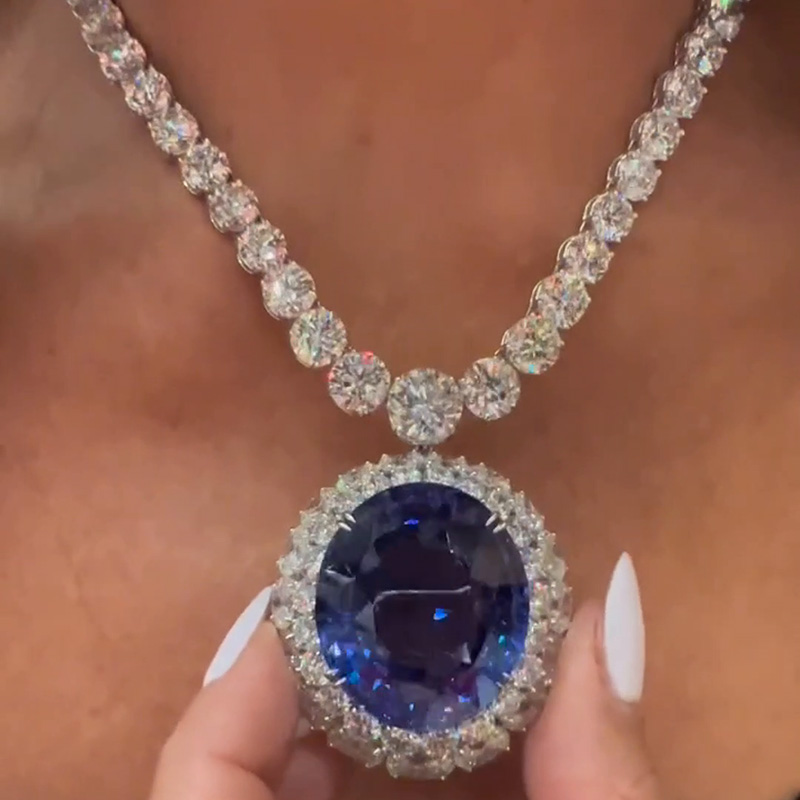 45ct Oval Cut Blue Sapphire Double Halo Handmade Necklace