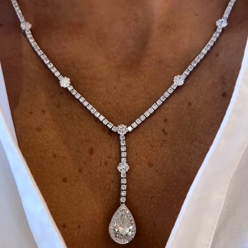 6.5ct Pear Cut White Sapphire Halo Handmade Sterling Silver Pendant Necklace