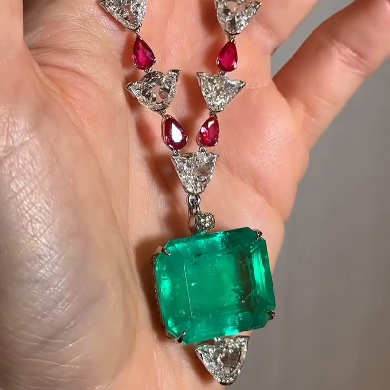 46.9ct Asscher Cut Emerald Pendant With Pear Ruby Handmade Flower Necklace