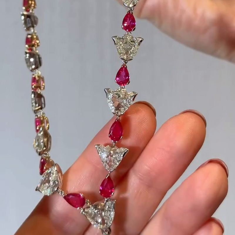 46.9ct Asscher Cut Emerald Pendant With Pear Ruby Handmade Flower Necklace