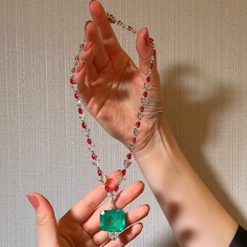 46.9ct Asscher Cut Emerald Pendant With Pear Ruby Handmade Flower Necklace