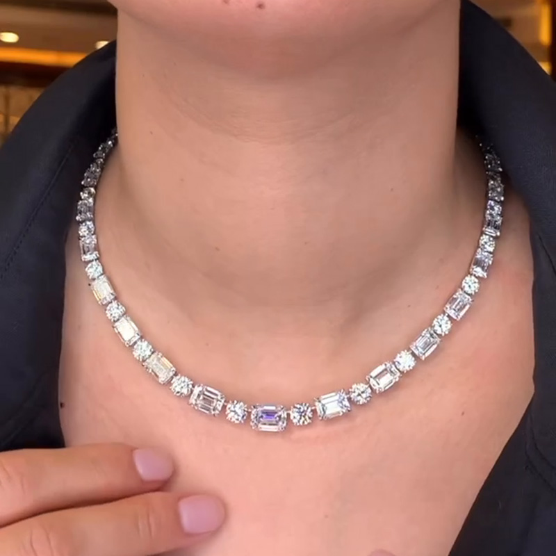 49.48ctw Emerald & Round Cut White Sapphire Contrast Handmade Necklace