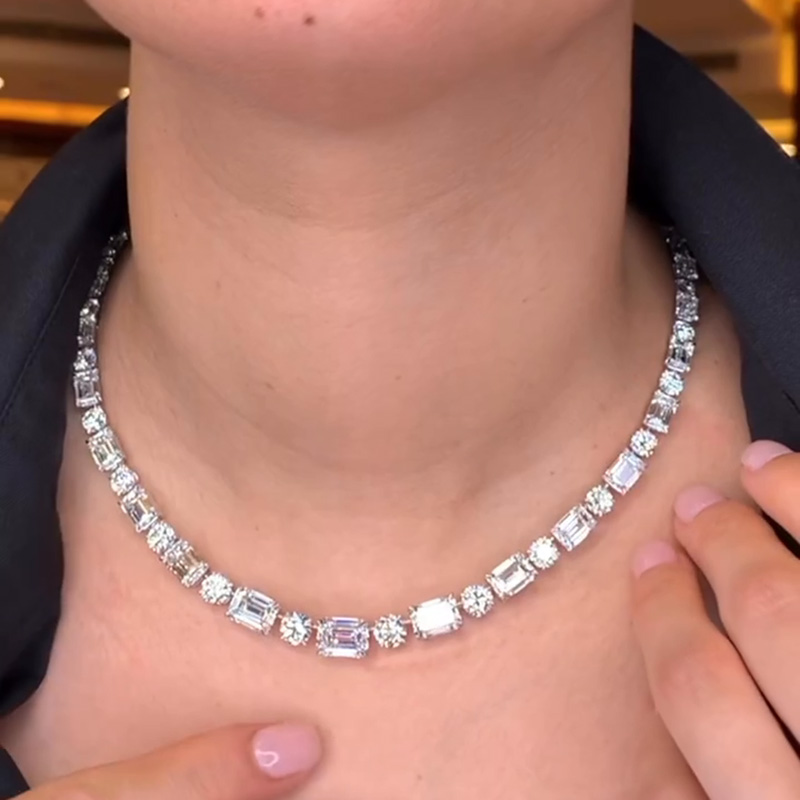 49.48ctw Emerald & Round Cut White Sapphire Contrast Handmade Necklace