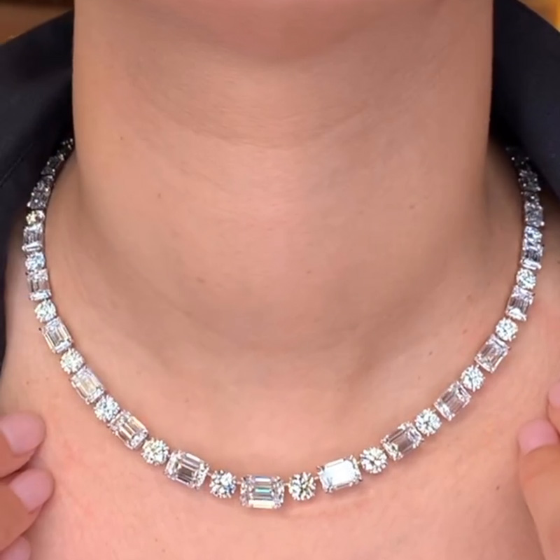 49.48ctw Emerald & Round Cut White Sapphire Contrast Handmade Necklace