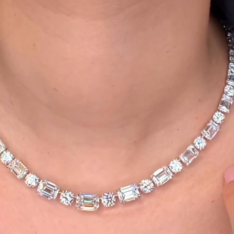 49.48ctw Emerald & Round Cut White Sapphire Contrast Handmade Necklace