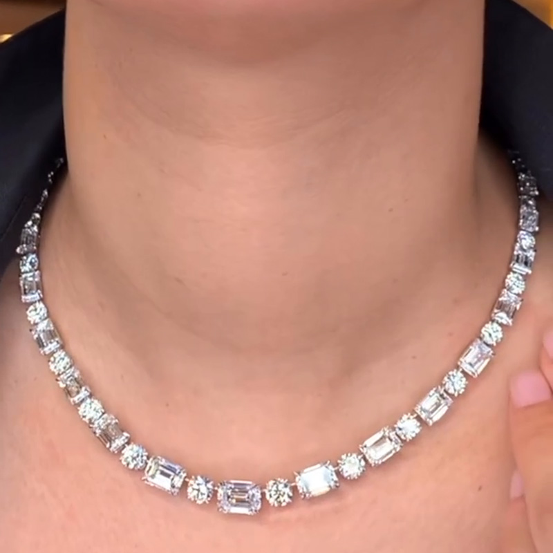 49.48ctw Emerald & Round Cut White Sapphire Contrast Handmade Necklace