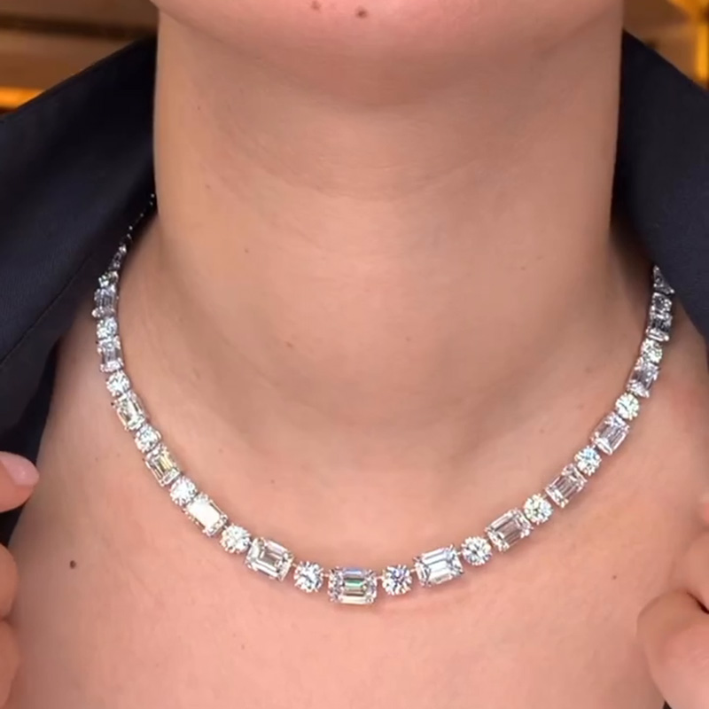 49.48ctw Emerald & Round Cut White Sapphire Contrast Handmade Necklace