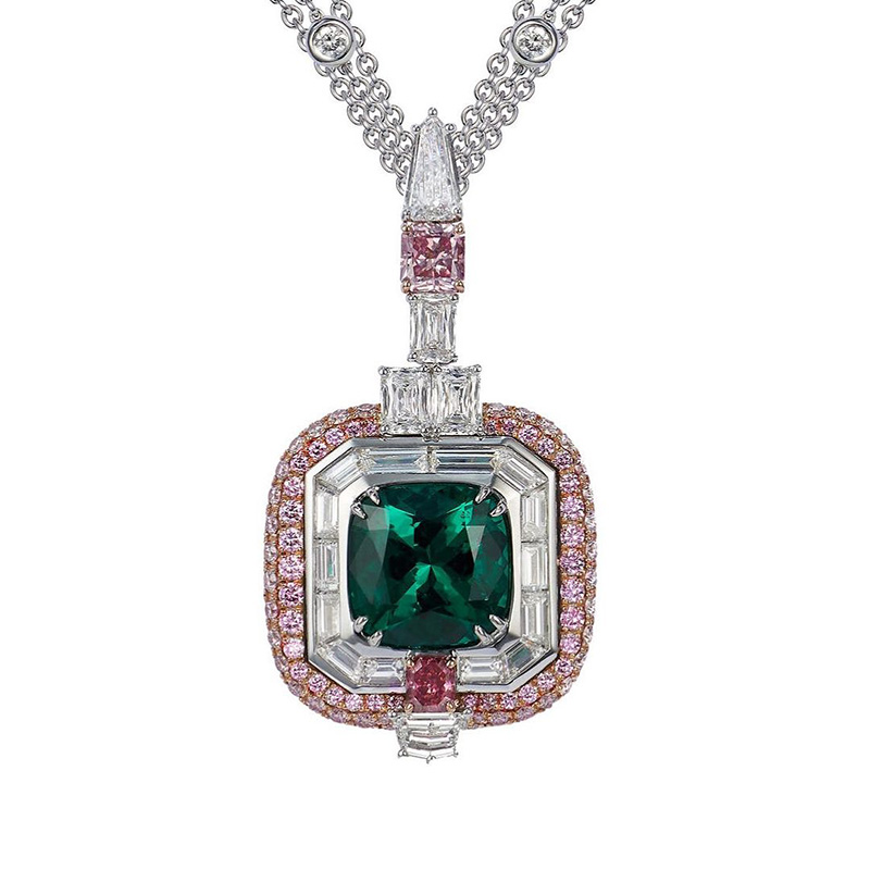 7.66ct Cushion Cut Emerald Green Paved Sterling Silver Pendant Necklace