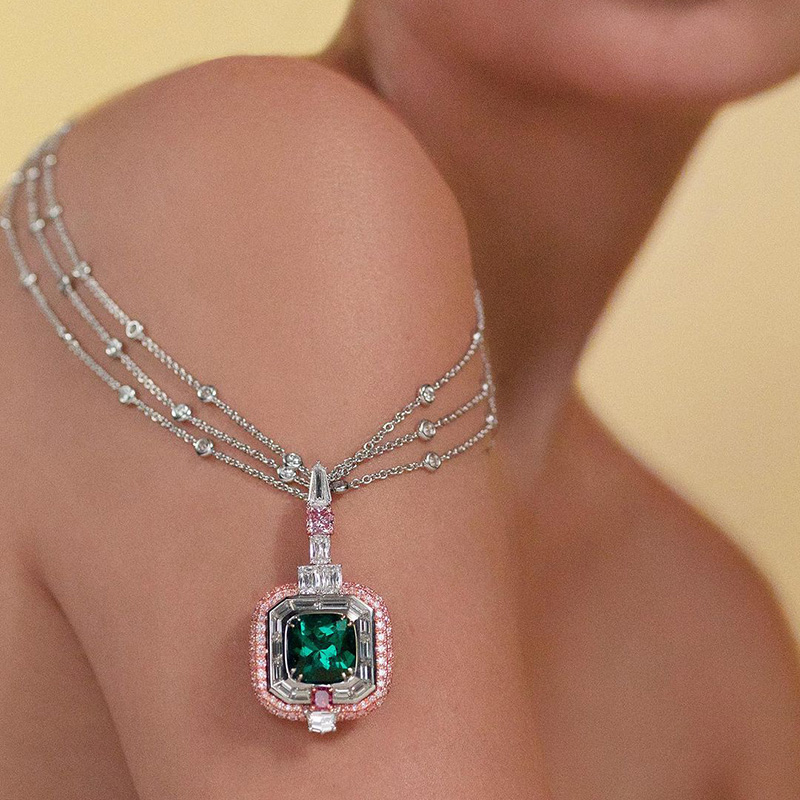 7.66ct Cushion Cut Emerald Green Paved Sterling Silver Pendant Necklace