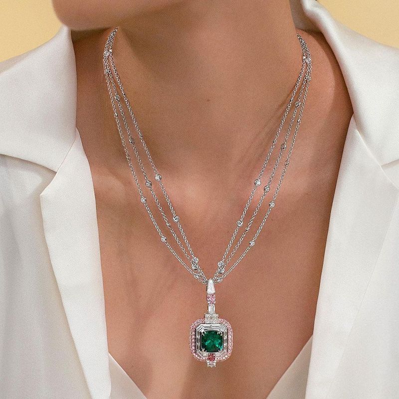 7.66ct Cushion Cut Emerald Green Paved Sterling Silver Pendant Necklace