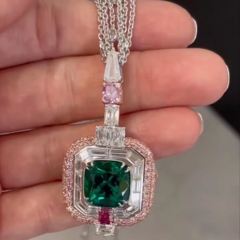 7.66ct Cushion Cut Emerald Green Paved Sterling Silver Pendant Necklace
