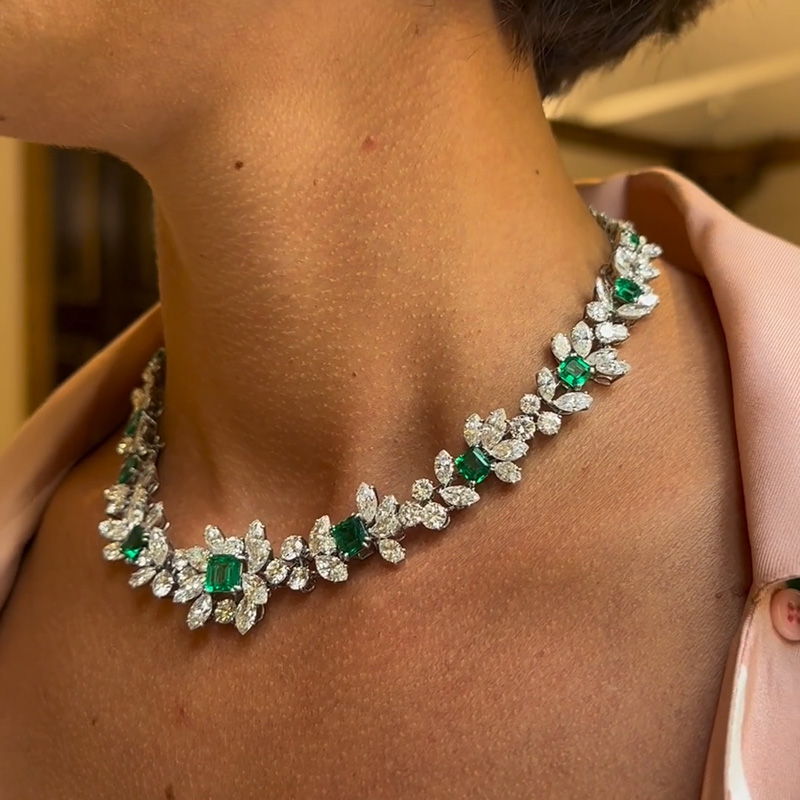 46ctw Asscher Cut Emerald Handmade Flower Necklace