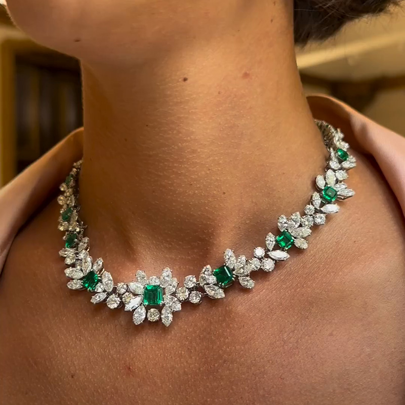 46ctw Asscher Cut Emerald Handmade Flower Necklace