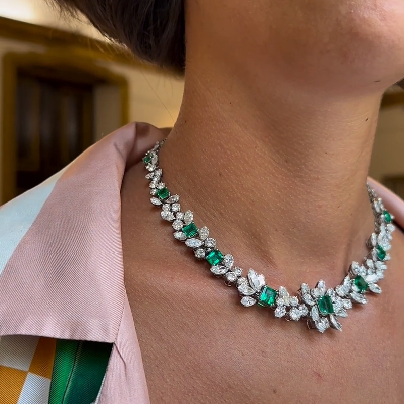 46ctw Asscher Cut Emerald Handmade Flower Necklace