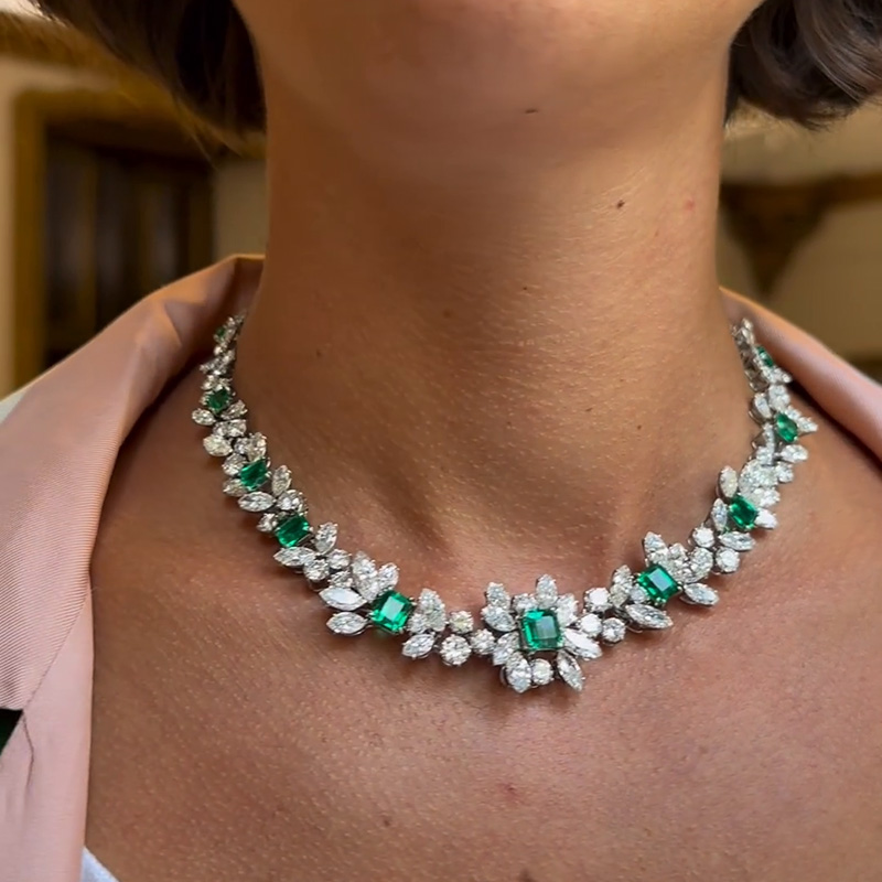 46ctw Asscher Cut Emerald Handmade Flower Necklace