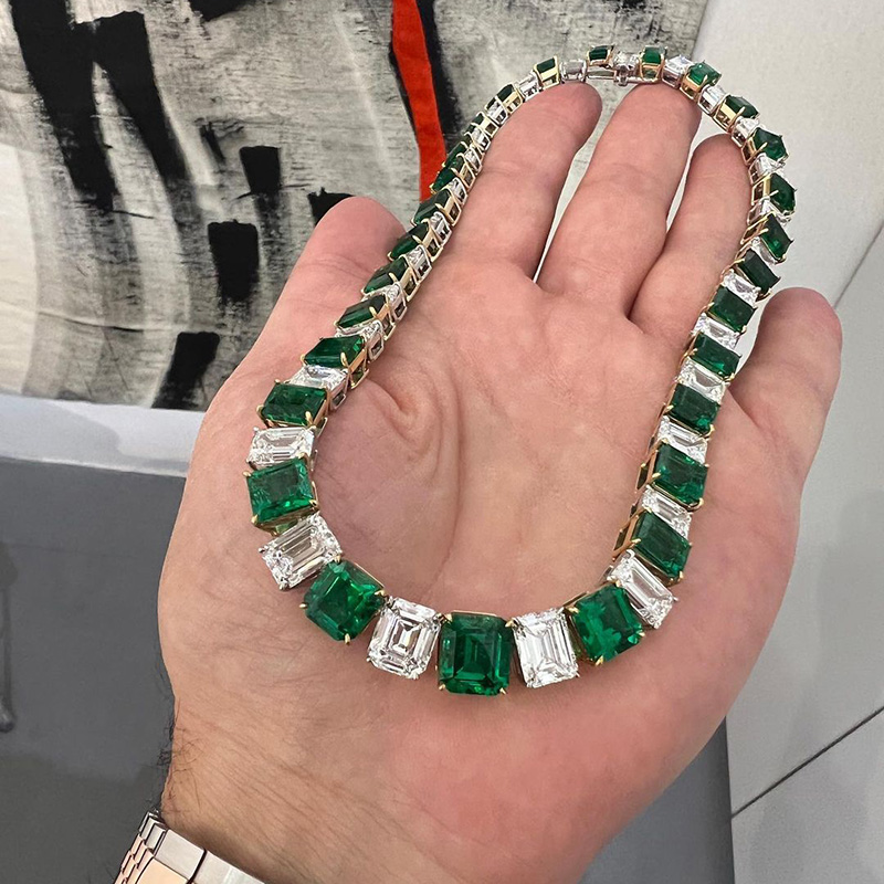 80ctw Emerald Cut Emerald Green & White Sapphire Royal Handmade Necklace In Yellow Gold