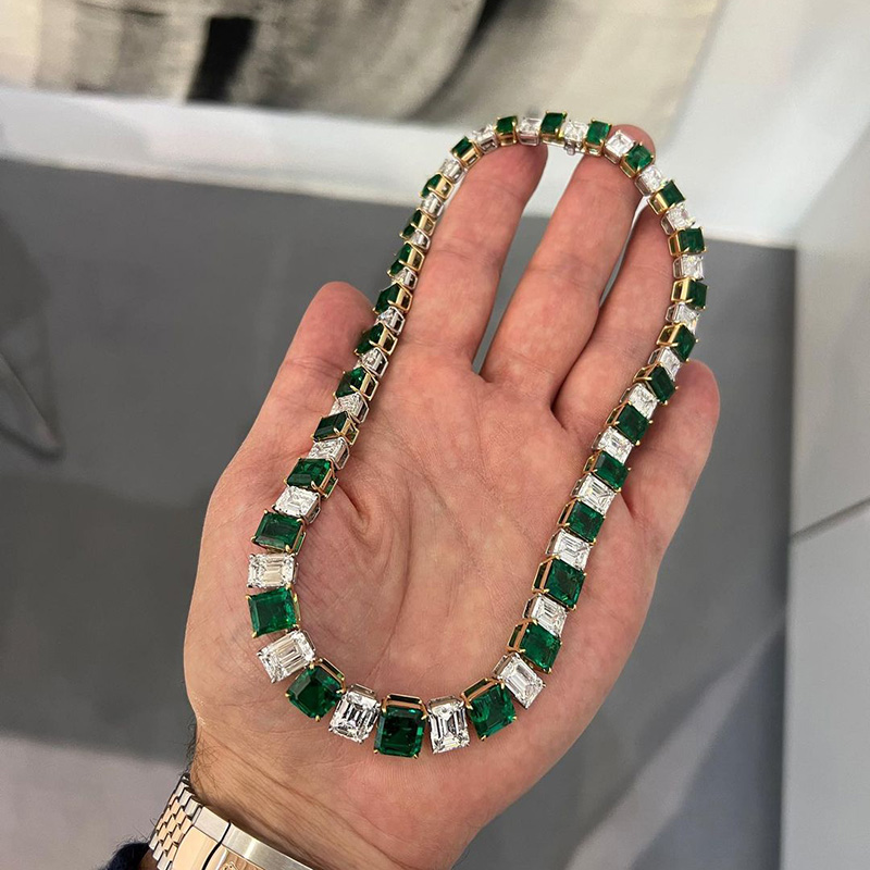 80ctw Emerald Cut Emerald Green & White Sapphire Royal Handmade Necklace In Yellow Gold
