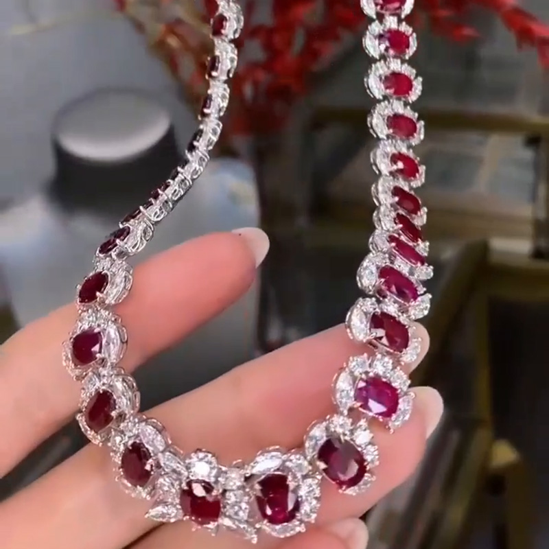 85ctw Oval Cut Ruby With Marquise And Round Cut White Sapphire Halo Luxury Handmade Necklace
