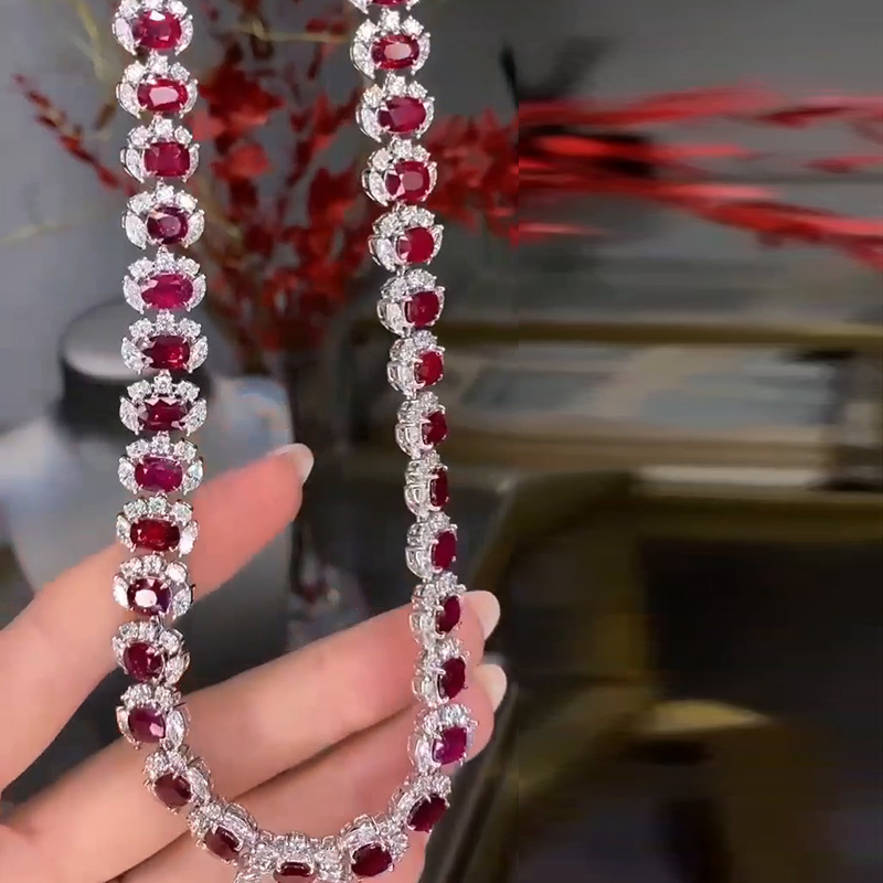 85ctw Oval Cut Ruby With Marquise And Round Cut White Sapphire Halo Luxury Handmade Necklace