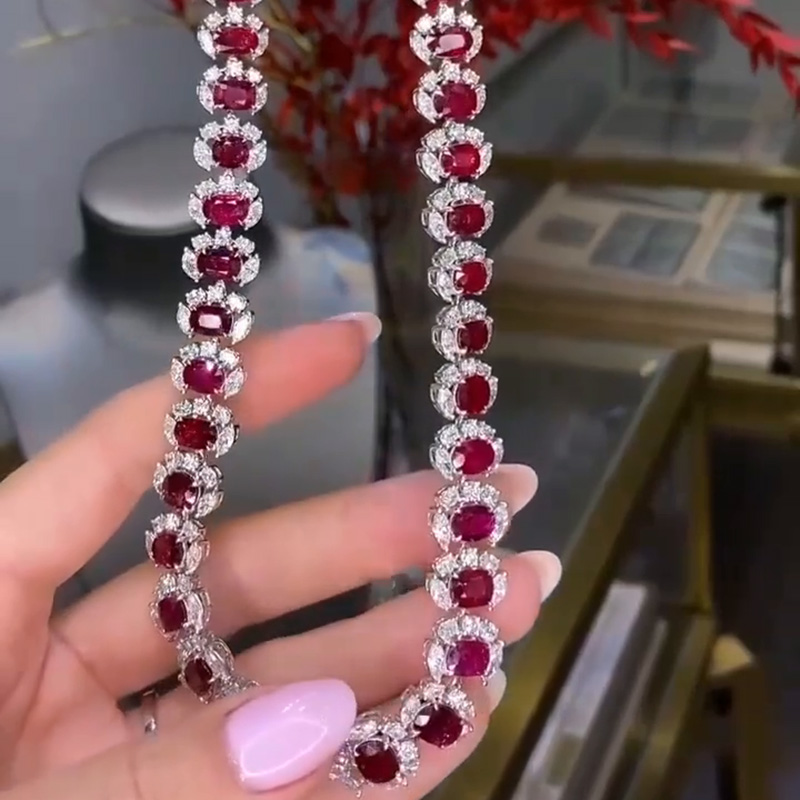 85ctw Oval Cut Ruby With Marquise And Round Cut White Sapphire Halo Luxury Handmade Necklace