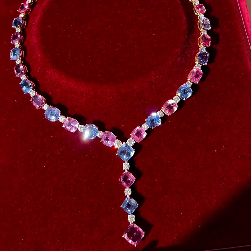 134ctw Cushion Cut Blue And Pink Sapphire With Round Cut White Sapphire Luxury Yellow Gold Necklace