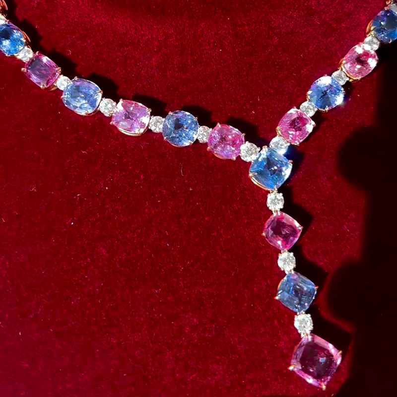 134ctw Cushion Cut Blue And Pink Sapphire With Round Cut White Sapphire Luxury Yellow Gold Necklace