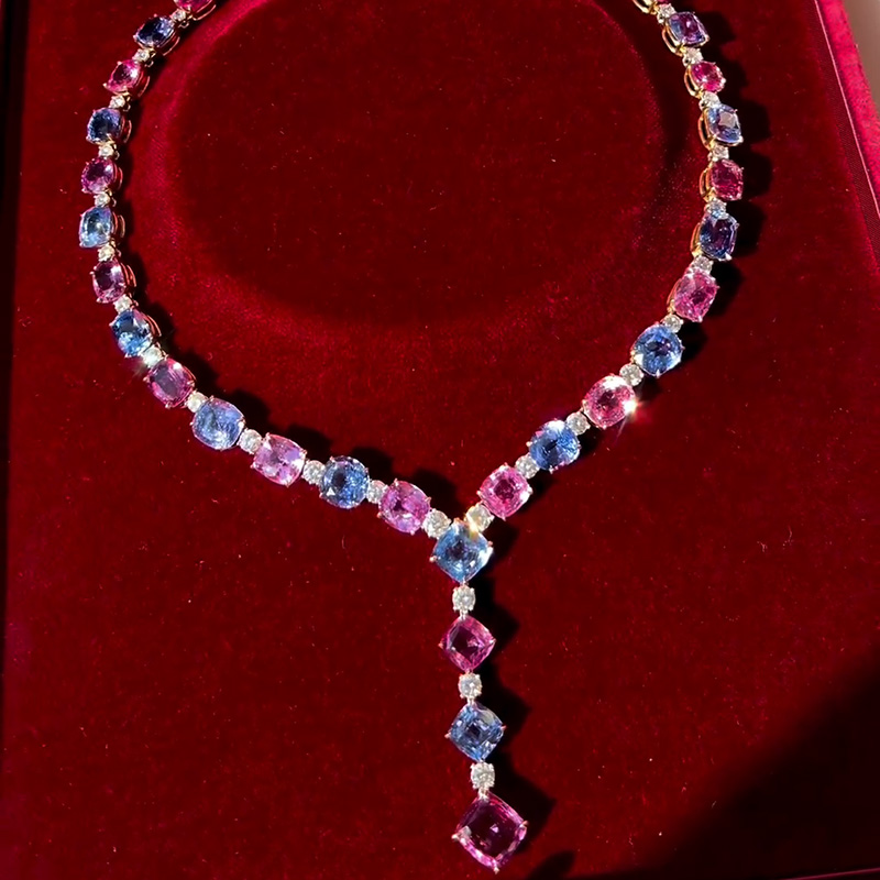 134ctw Cushion Cut Blue And Pink Sapphire With Round Cut White Sapphire Luxury Yellow Gold Necklace