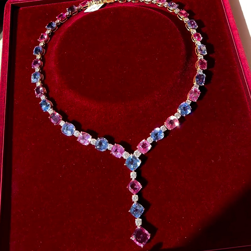 134ctw Cushion Cut Blue And Pink Sapphire With Round Cut White Sapphire Luxury Yellow Gold Necklace