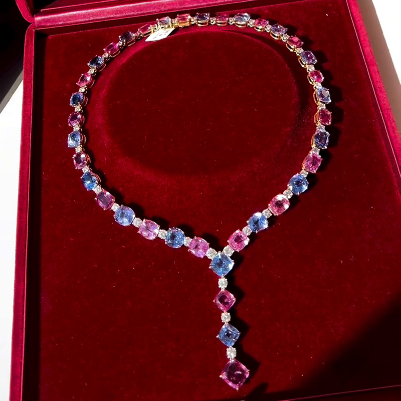 134ctw Cushion Cut Blue And Pink Sapphire With Round Cut White Sapphire Luxury Yellow Gold Necklace