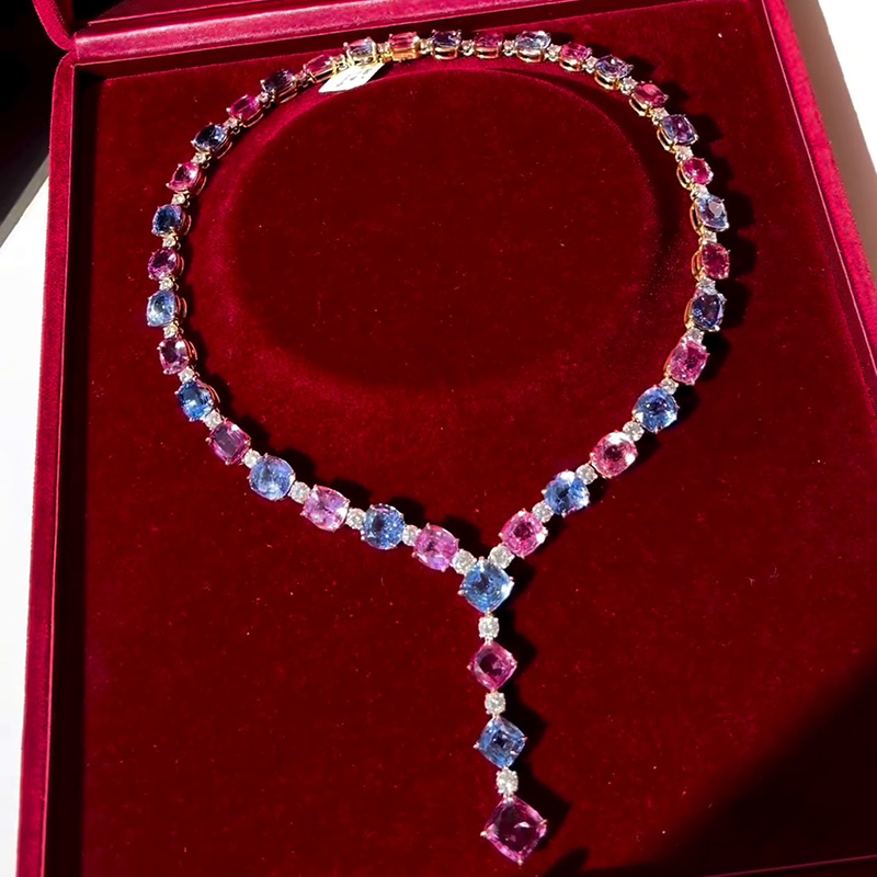 134ctw Cushion Cut Blue And Pink Sapphire With Round Cut White Sapphire Luxury Yellow Gold Necklace