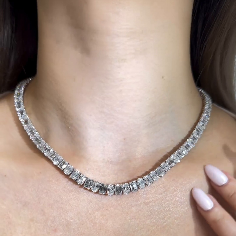 Oval And Emerald Cut White Sapphire Tennis Necklace