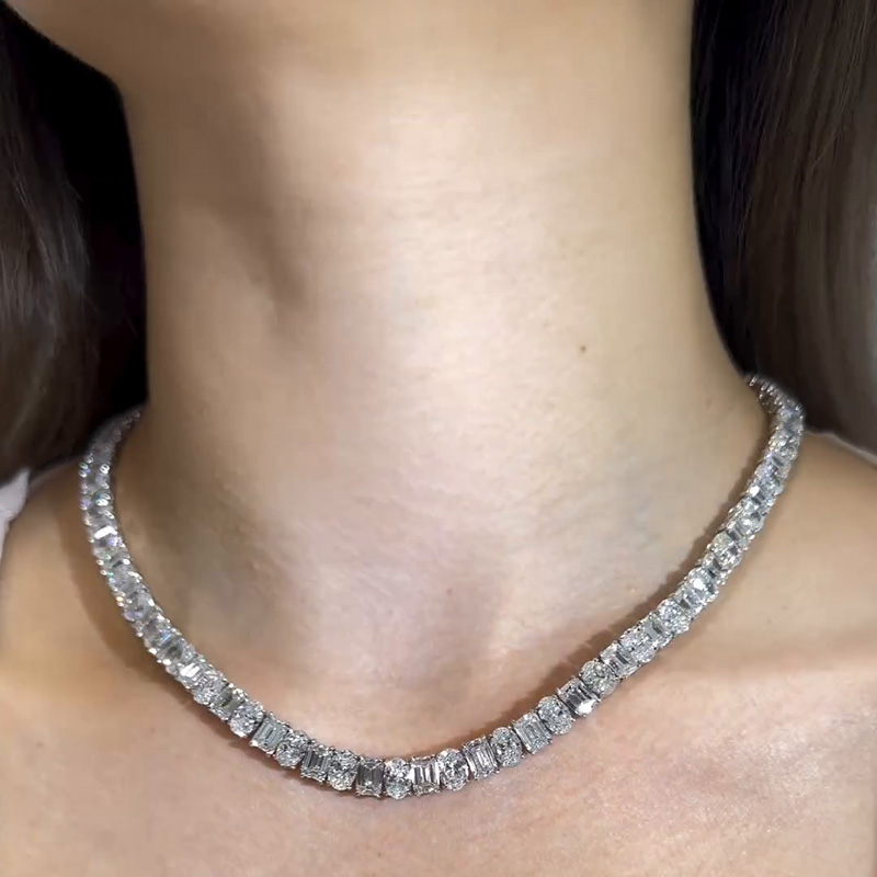 Oval And Emerald Cut White Sapphire Tennis Necklace