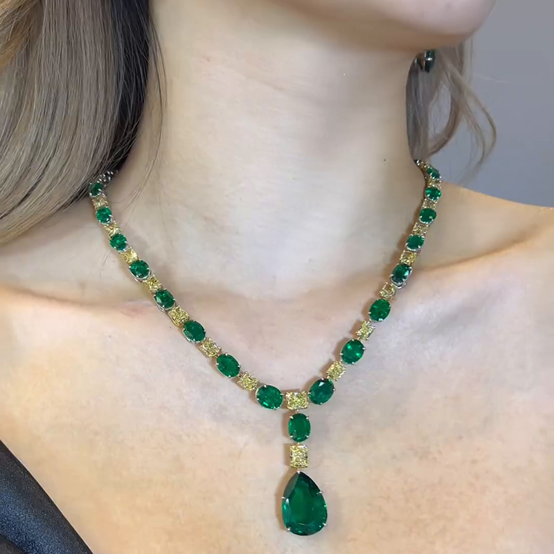 120ctw Pear & Oval Cut Emerald Along With Cushion Cut Yellow Sapphire Pendant Necklace