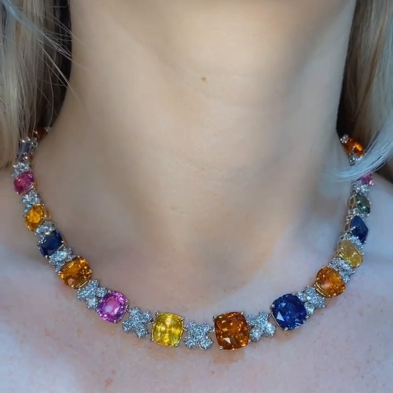 114ctw Cushion Cut Rainbow Color Creative Handmade Yellow Gold Necklace