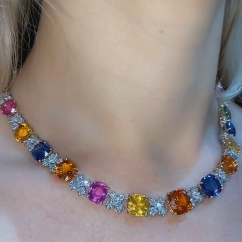 114ctw Cushion Cut Rainbow Color Creative Handmade Yellow Gold Necklace