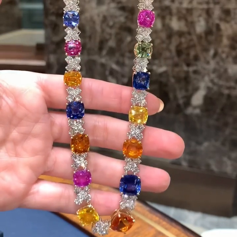 114ctw Cushion Cut Rainbow Color Creative Handmade Yellow Gold Necklace