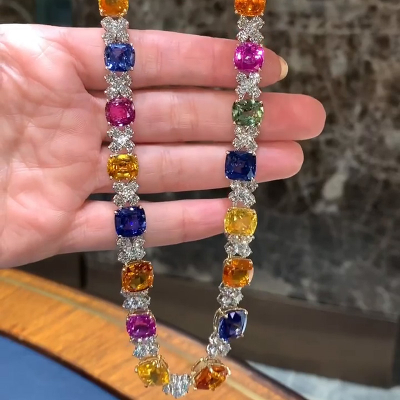 114ctw Cushion Cut Rainbow Color Creative Handmade Yellow Gold Necklace