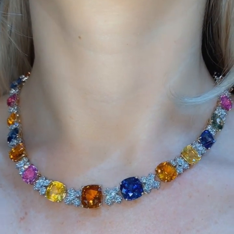 114ctw Cushion Cut Rainbow Color Creative Handmade Yellow Gold Necklace