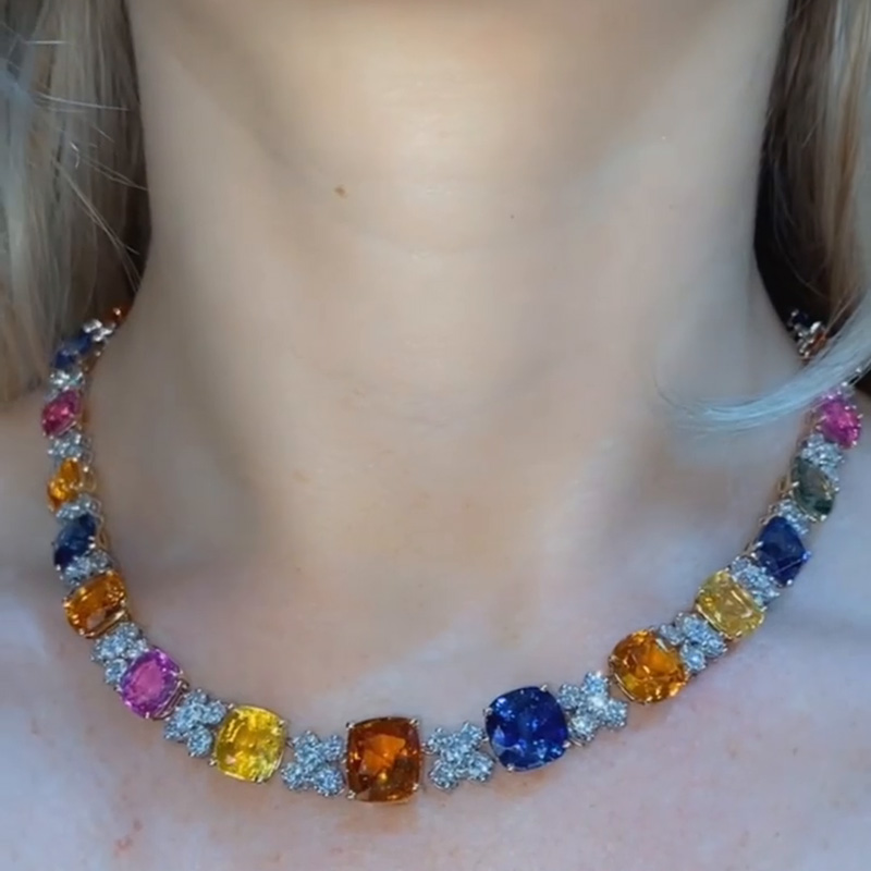 114ctw Cushion Cut Rainbow Color Creative Handmade Yellow Gold Necklace