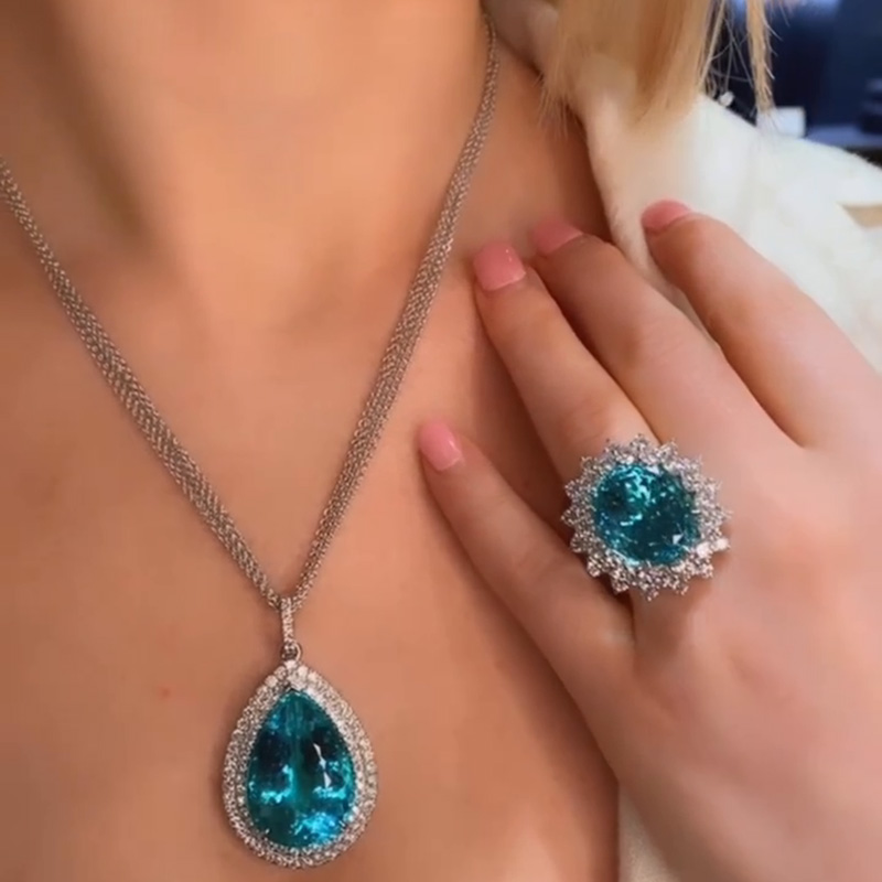 36ct Pear Cut Paraiba Tourmaline Double Halo Pendant Necklace