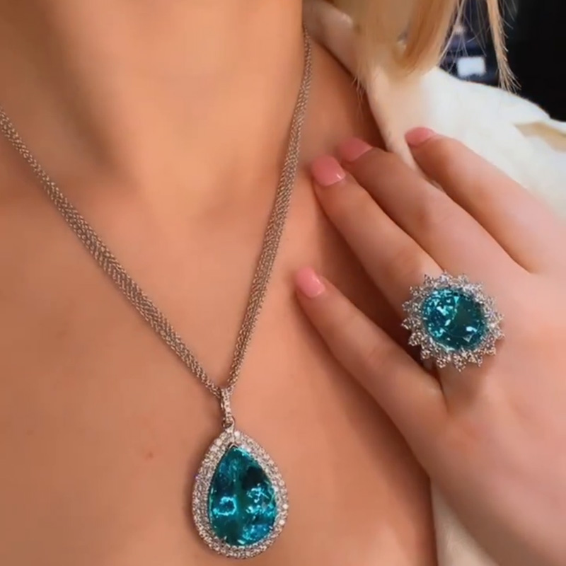 36ct Pear Cut Paraiba Tourmaline Double Halo Pendant Necklace