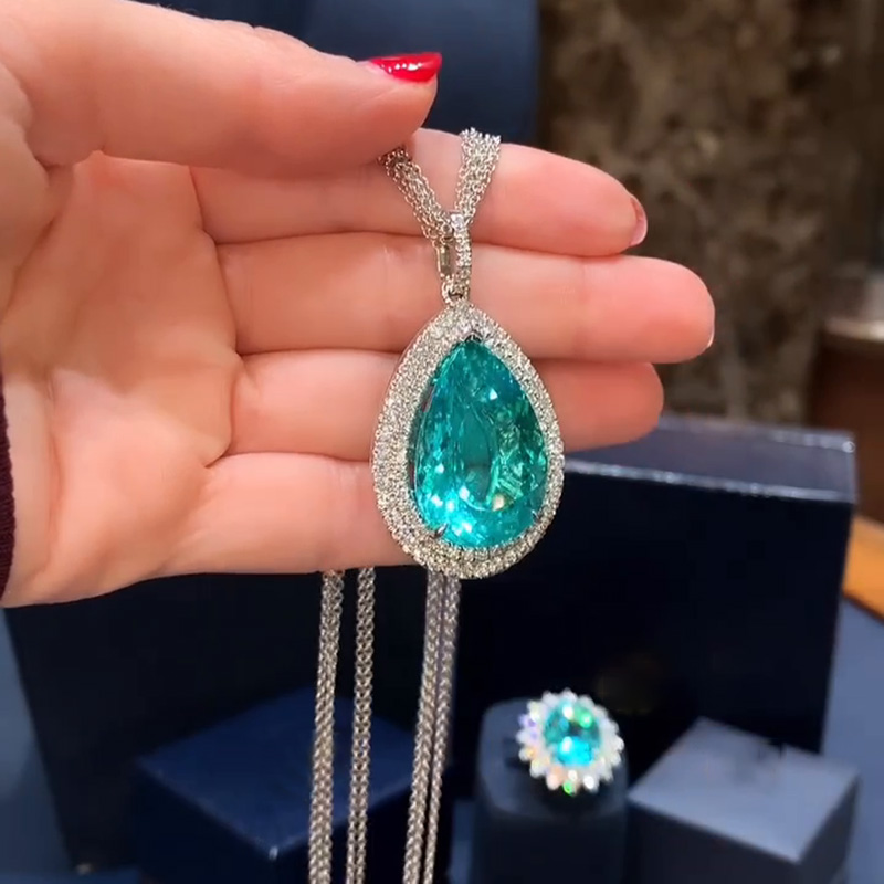 36ct Pear Cut Paraiba Tourmaline Double Halo Pendant Necklace
