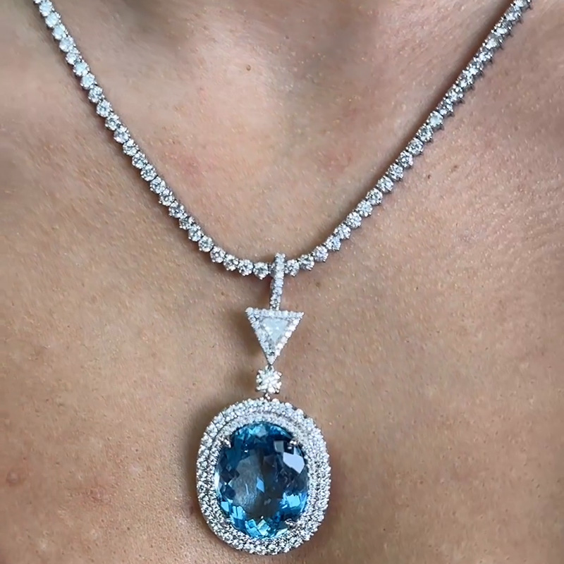 13ct Oval Cut Aquamarine Double Halo Pendant Necklace