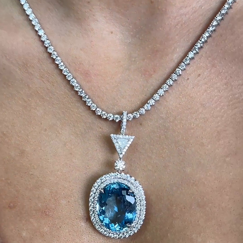 13ct Oval Cut Aquamarine Double Halo Pendant Necklace