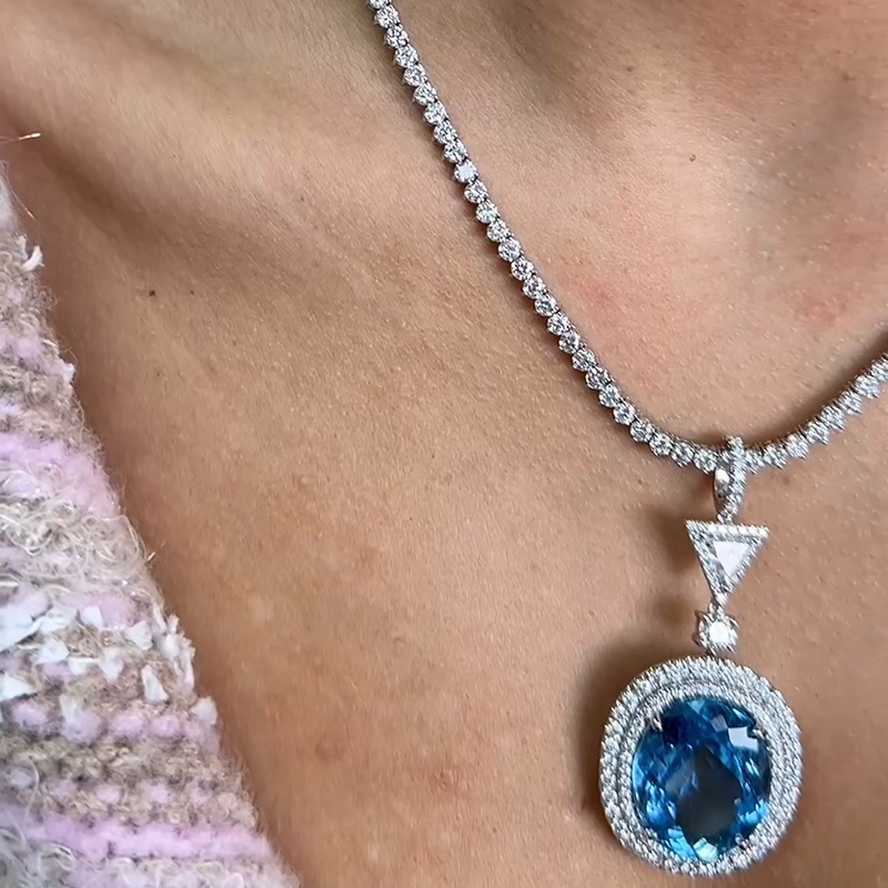 13ct Oval Cut Aquamarine Double Halo Pendant Necklace