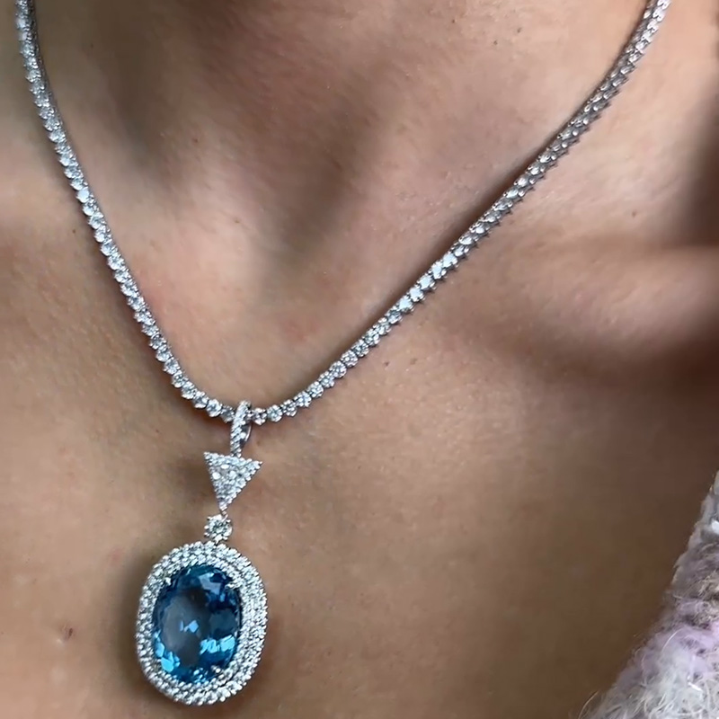 13ct Oval Cut Aquamarine Double Halo Pendant Necklace