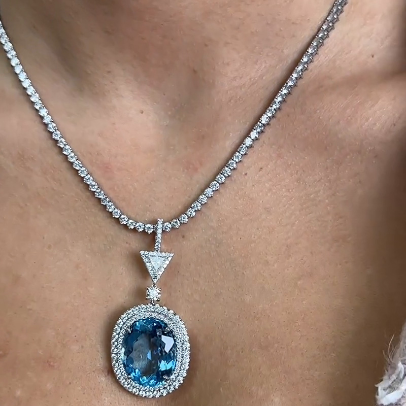13ct Oval Cut Aquamarine Double Halo Pendant Necklace